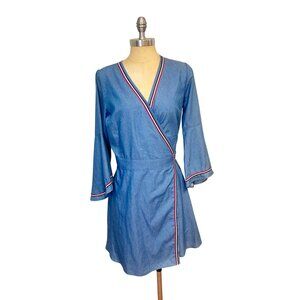 Stellah Blue Wrap Dress With Bell Sleeves & Red/White Trim Medium